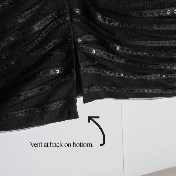 Kay Unger Black Sequin Tulle Skirt Rusched Silk Midriff 3/4 Sleeve Dress No Size - Picture 7 of 13